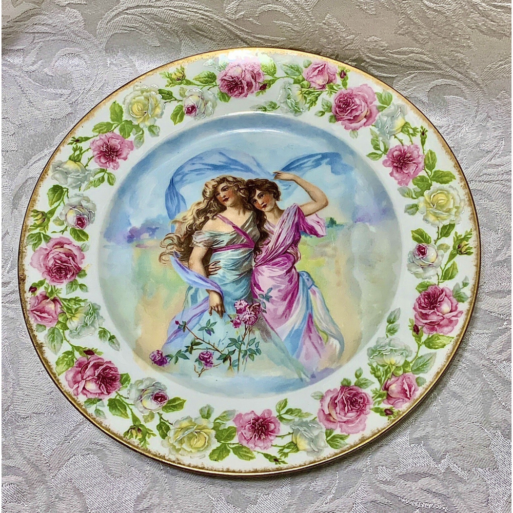 Elegant CA Limoges France Cabinet Plate 10”‎ Hand Decorated Maidens Roses